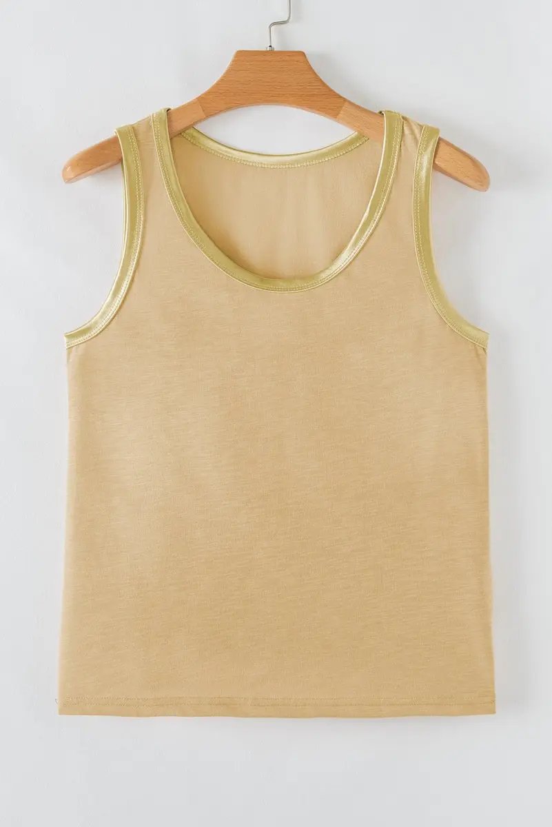 Tan Metallic Sheen Edge Scoop Neck Tank Top - Love Salve